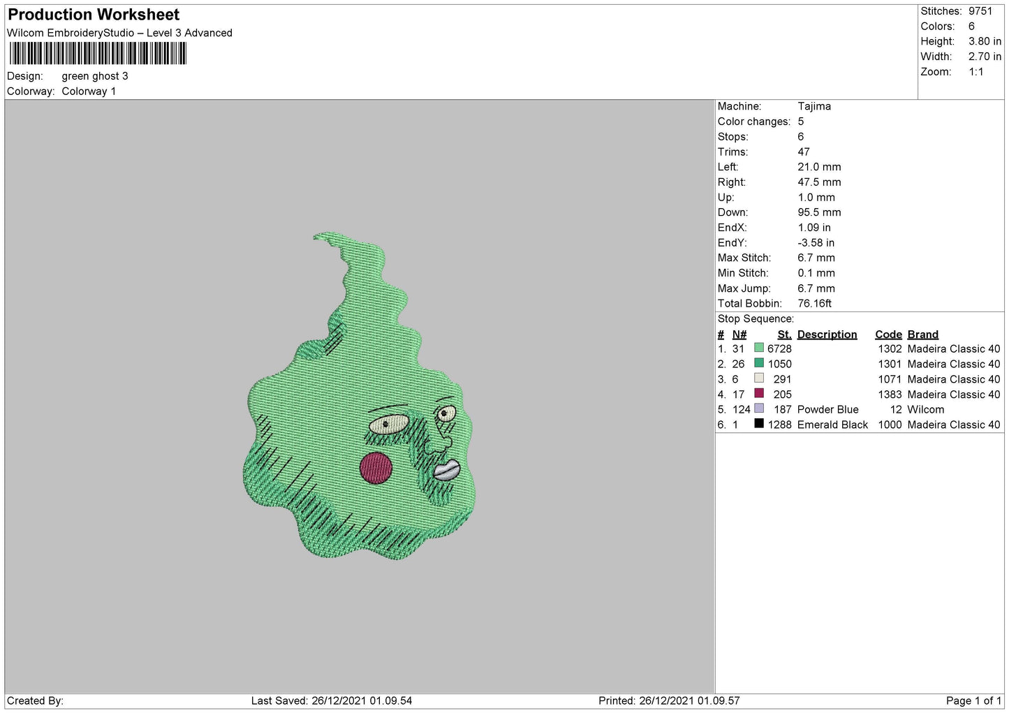 Green Ghost Embroidery File 5 size