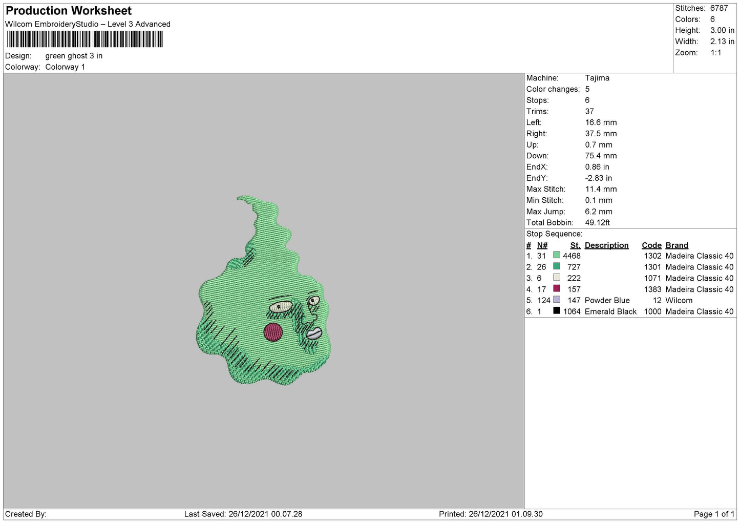 Green Ghost Embroidery File 5 size