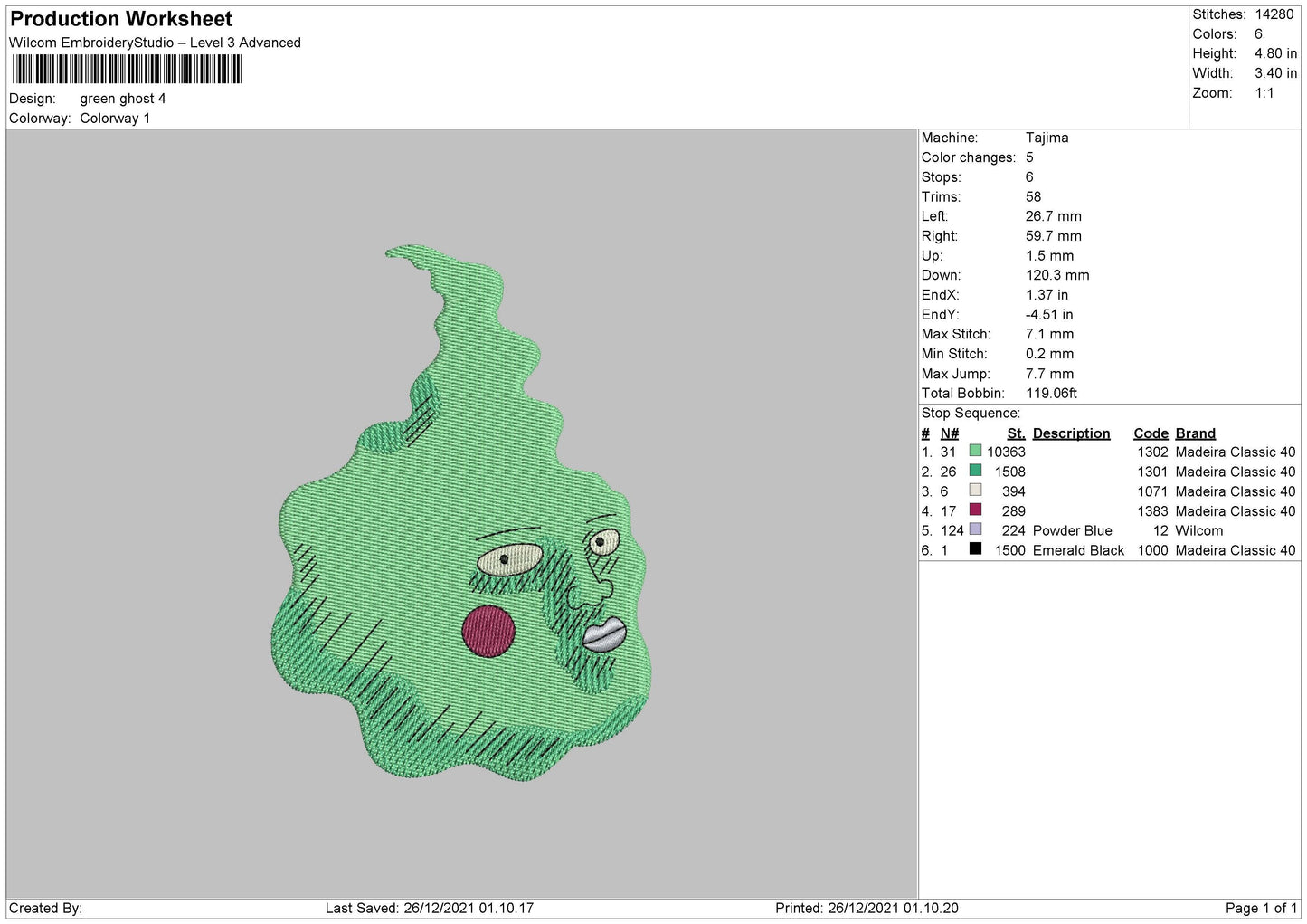 Green Ghost Embroidery File 5 size
