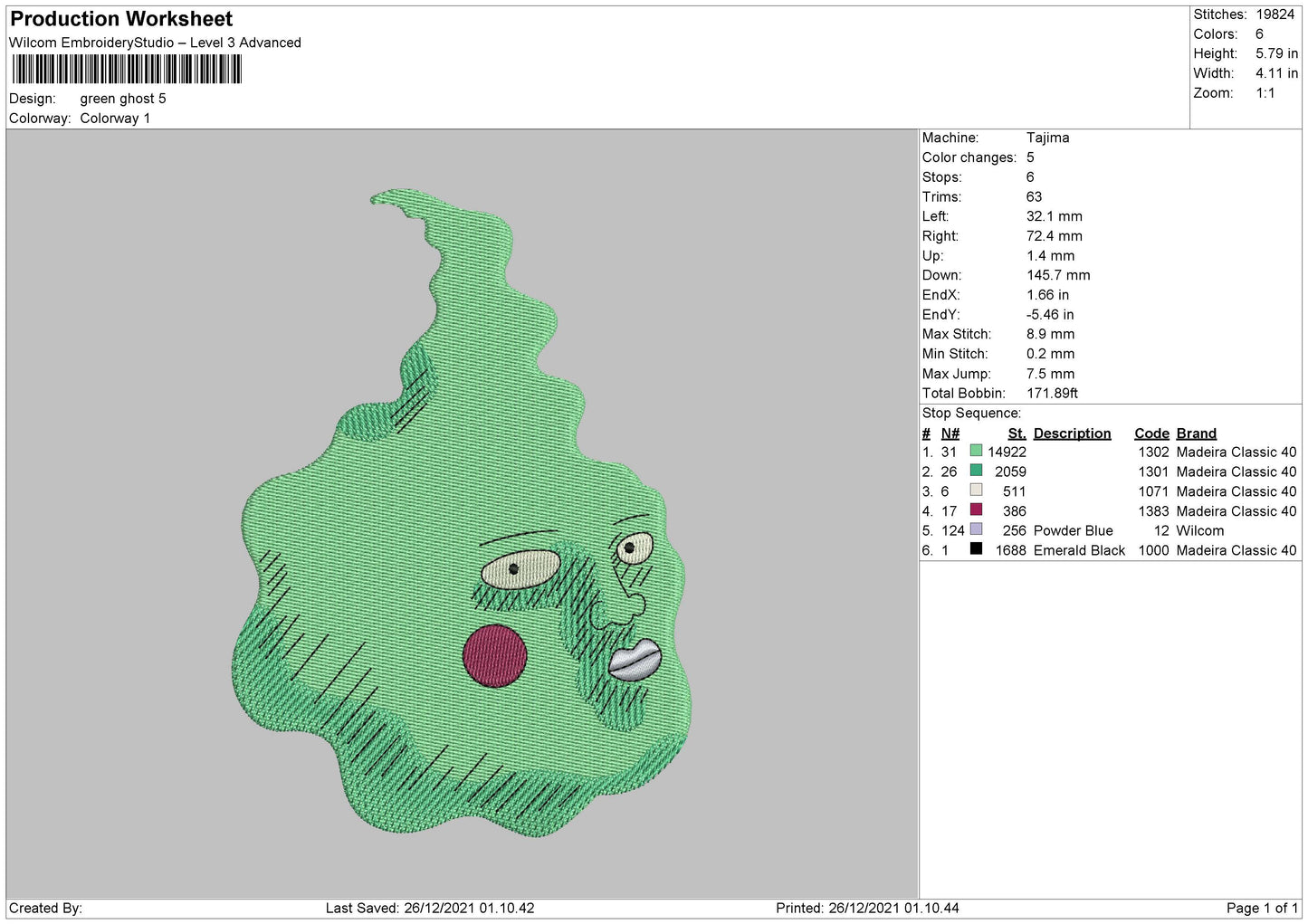 Green Ghost Embroidery File 5 size