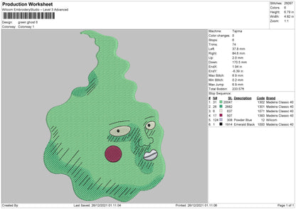 Green Ghost Embroidery File 5 size