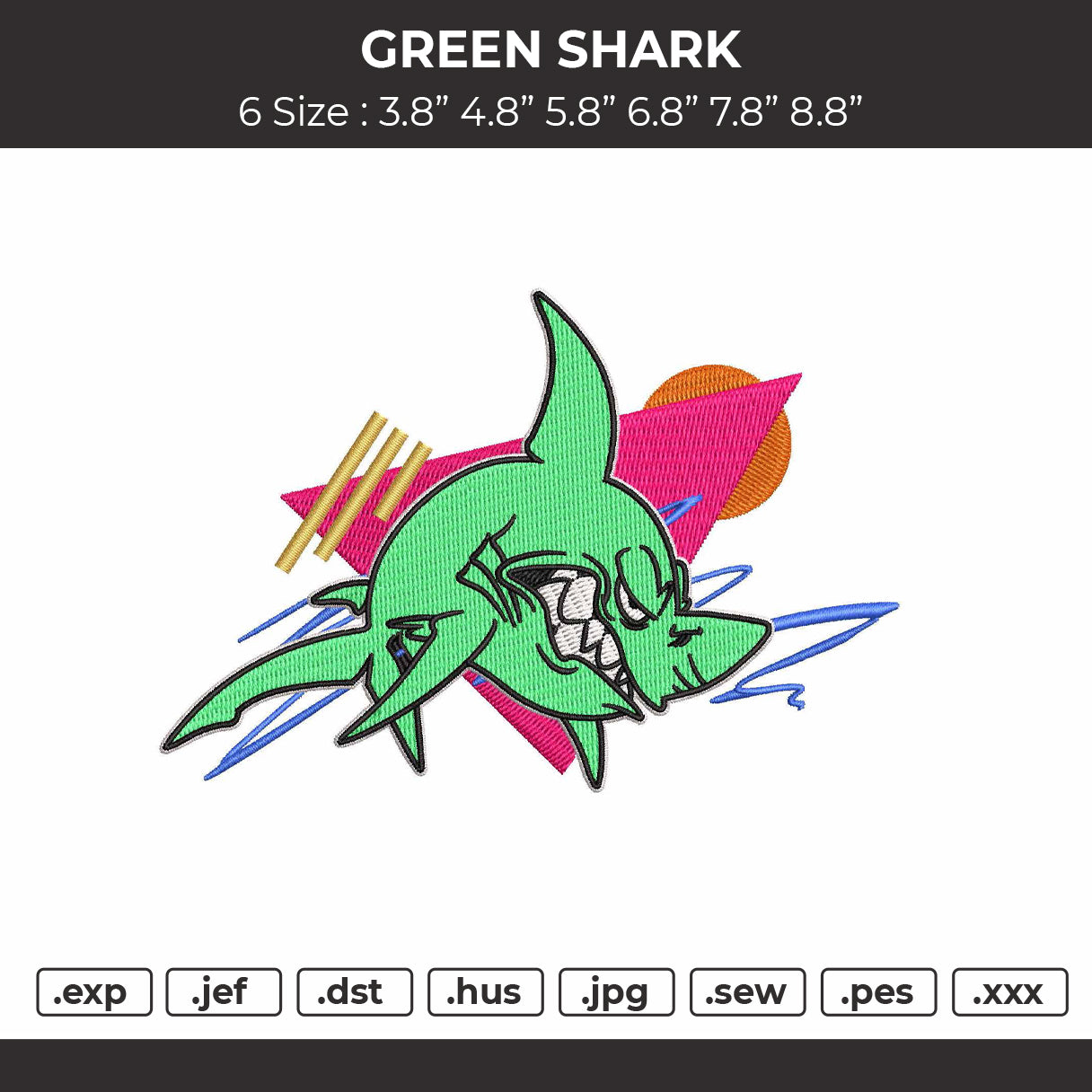 Green Shark Embroidery File 6 sizes