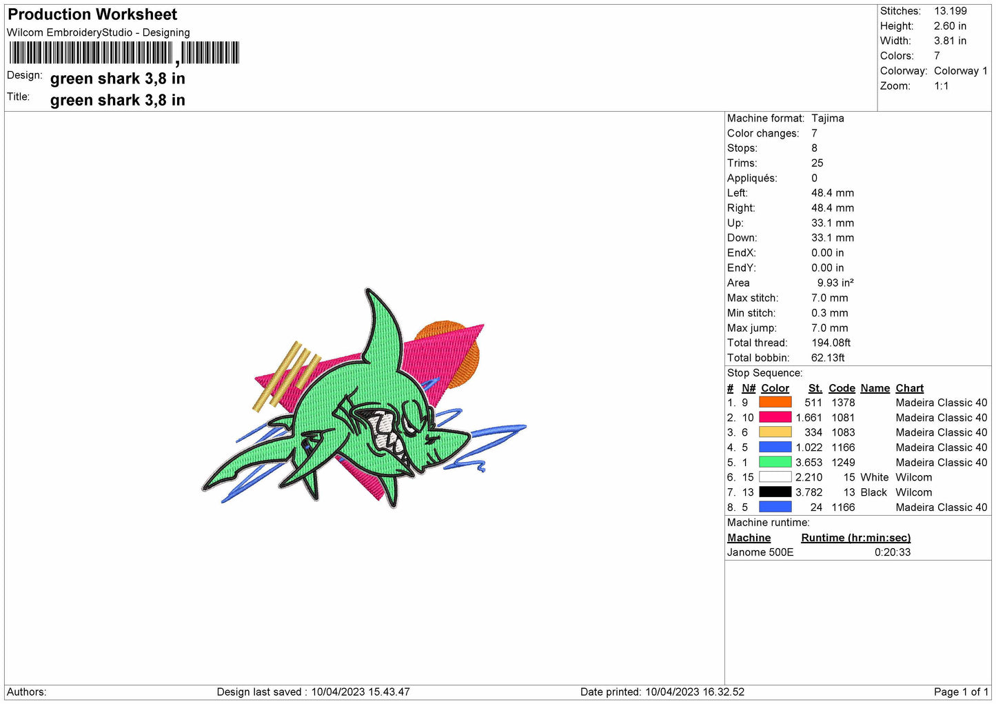 Green Shark Embroidery File 6 sizes