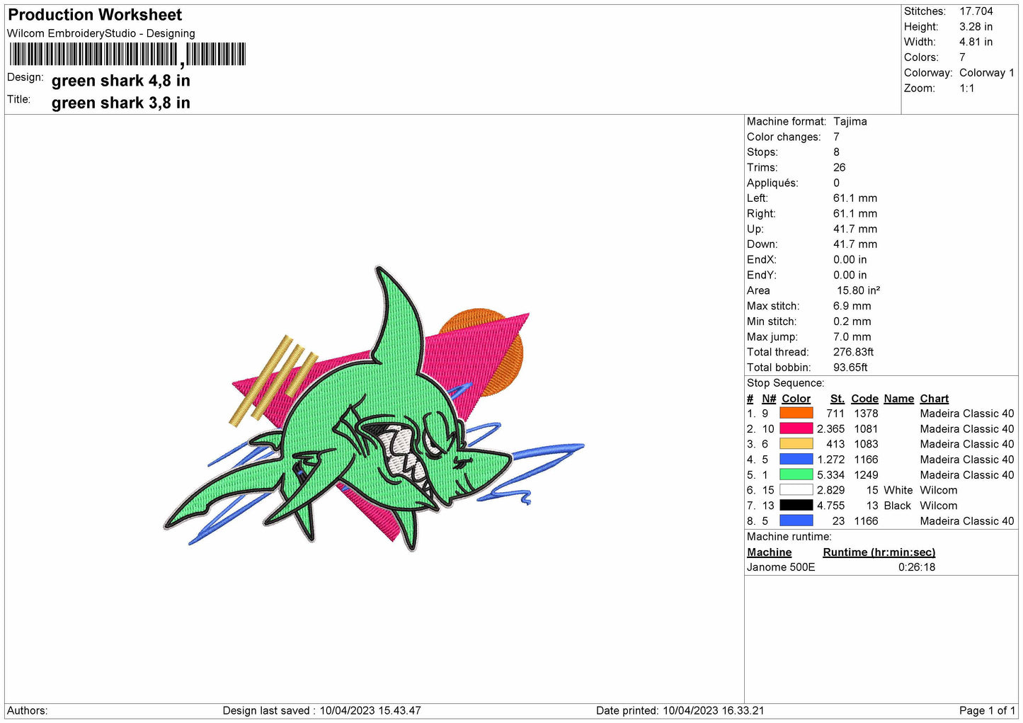 Green Shark Embroidery File 6 sizes