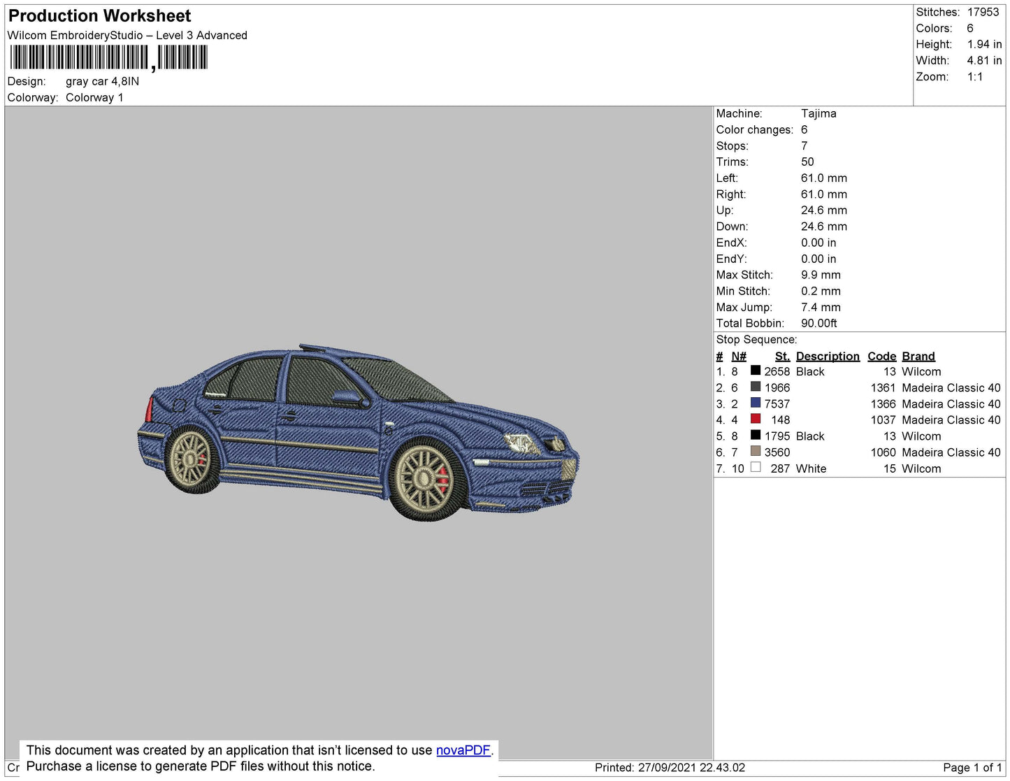 Grey Car Embroidery File 4 size