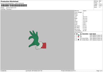 Grinchs Hand V2 Embroidery File 6 sizes