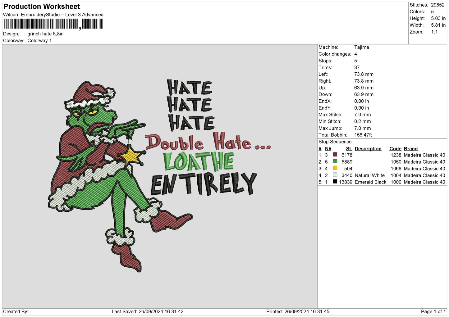 Grinch2609 Embroidery File 6 sizes