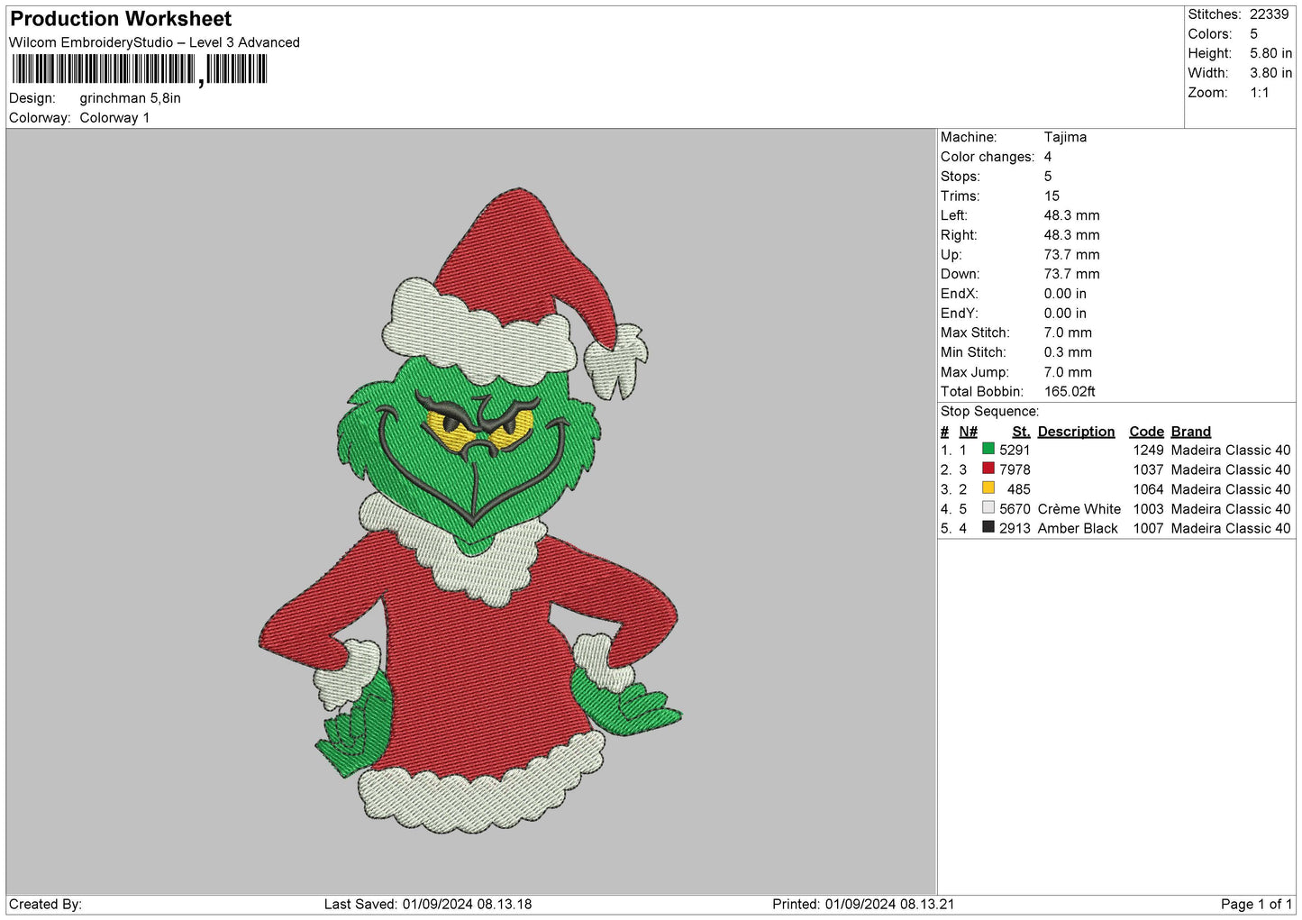 Grinchman 0109 Embroidery File 6 sizes