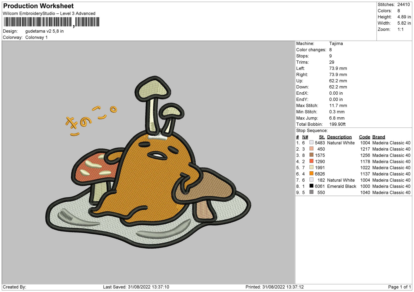 Gudetama V2 Embroidery File 5 sizes