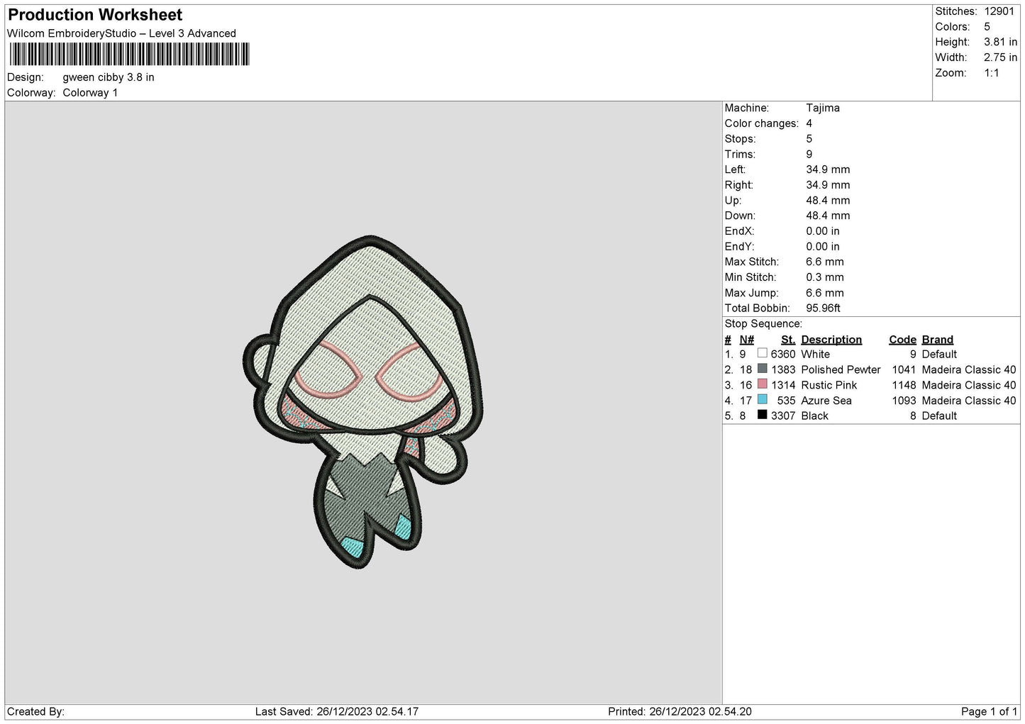 Gwen Chibi 02 Embroidery File 6 sizes