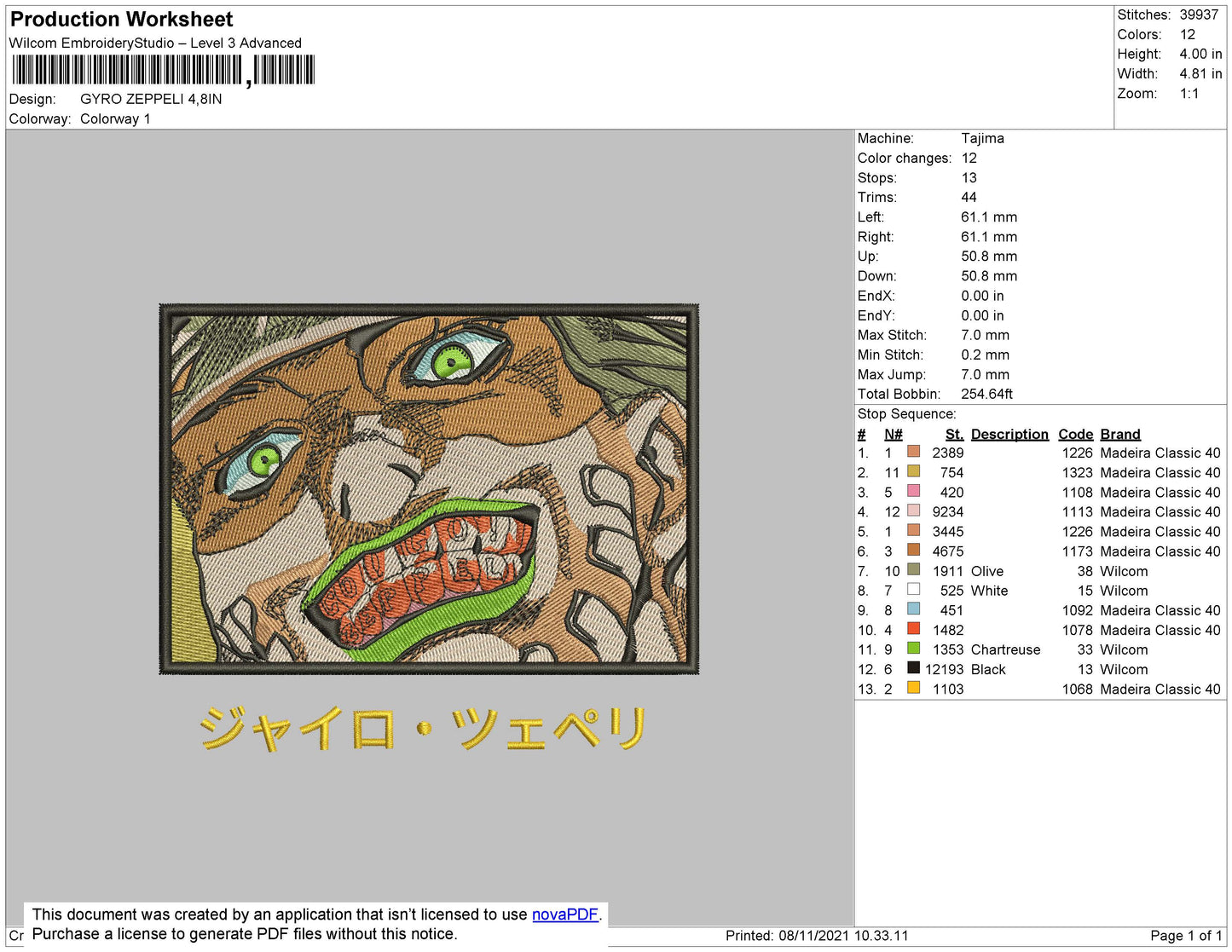 Gyro Zeppeli Embroidery File 4 size