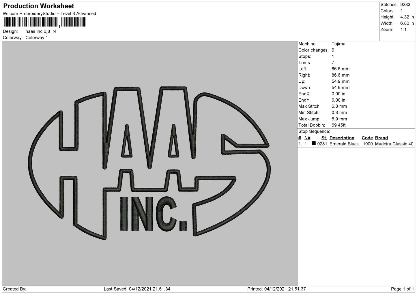Haas INC Embroidery FIle 4 size