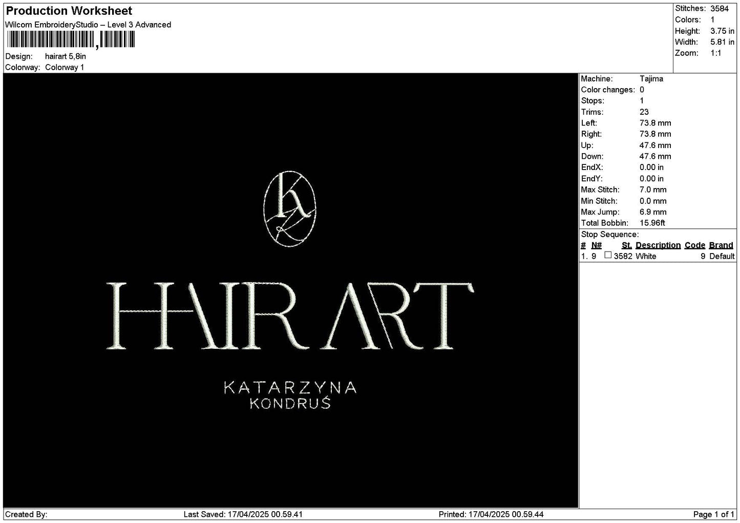 Hairart Embroidery File 6 sizes
