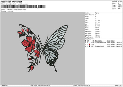 Half Butterfly Flower Embroidery File 4 sizes
