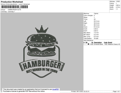 Hamburger Embroidery File 4 size