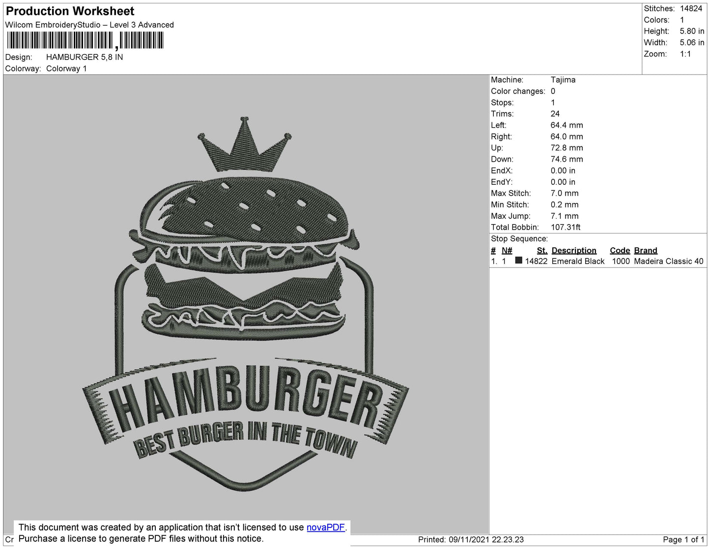 Hamburger Embroidery File 4 size