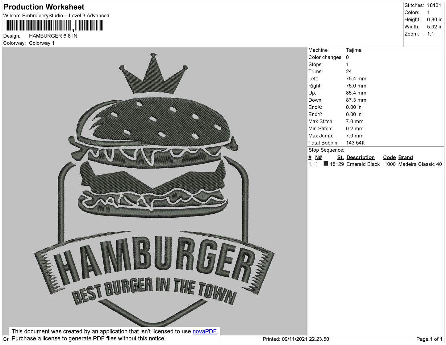 Hamburger Embroidery File 4 size