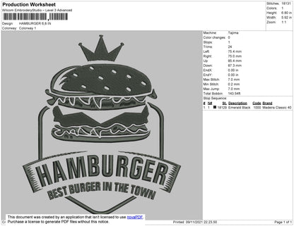 Hamburger Embroidery File 4 size