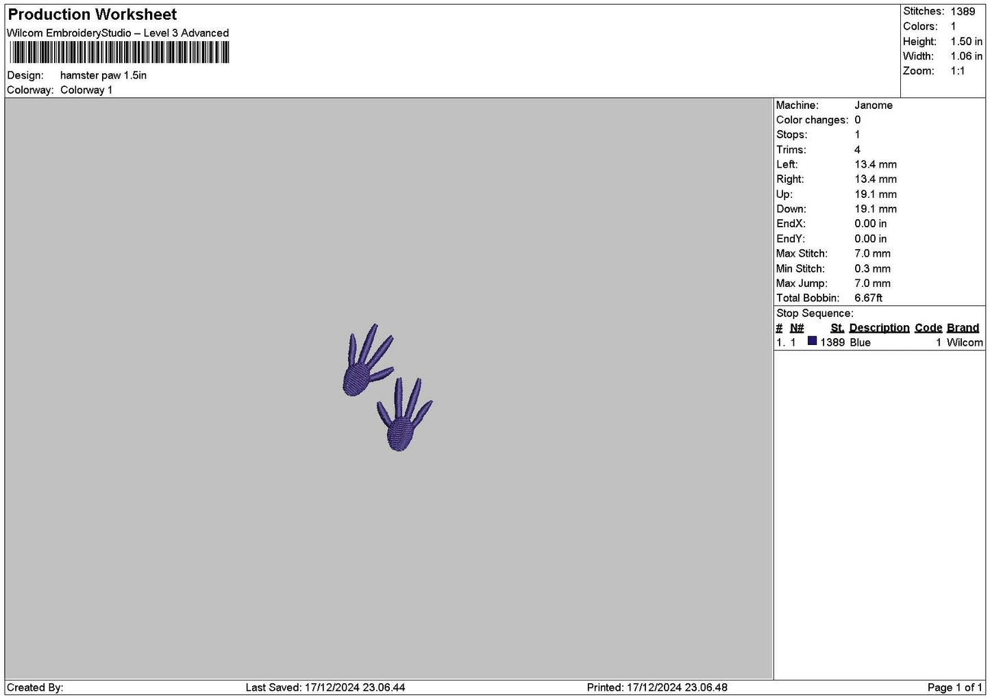 Hamsterpaw Embroidery File 6 sizes