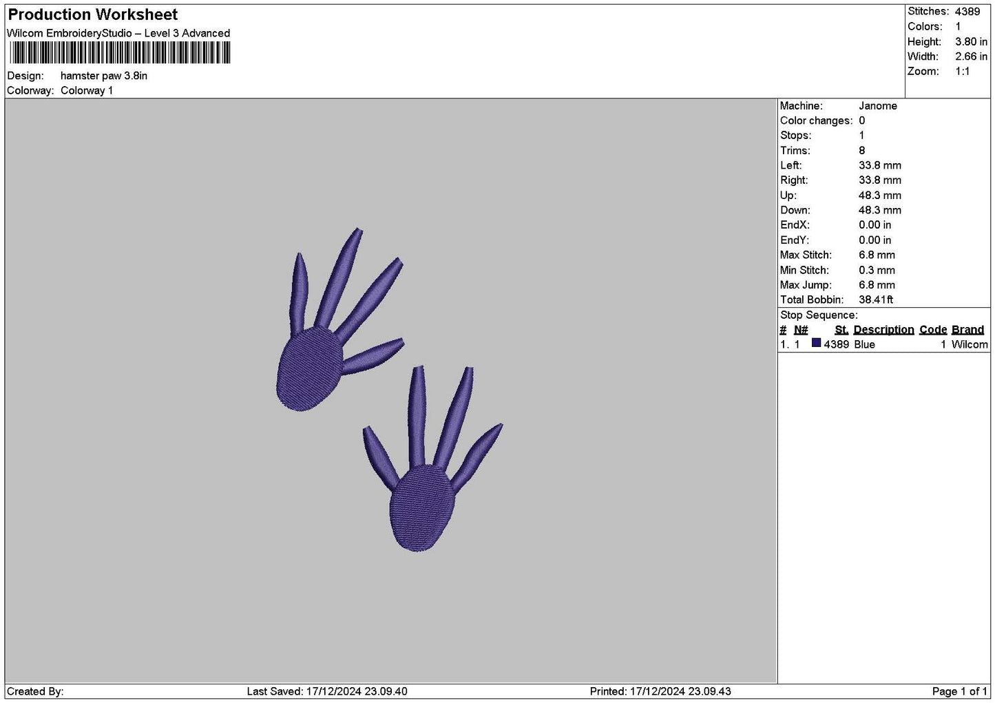 Hamsterpaw Embroidery File 6 sizes