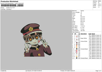 Hanako Kun Embroidery File 4 size