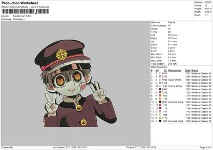 Hanako Kun Embroidery File 4 size