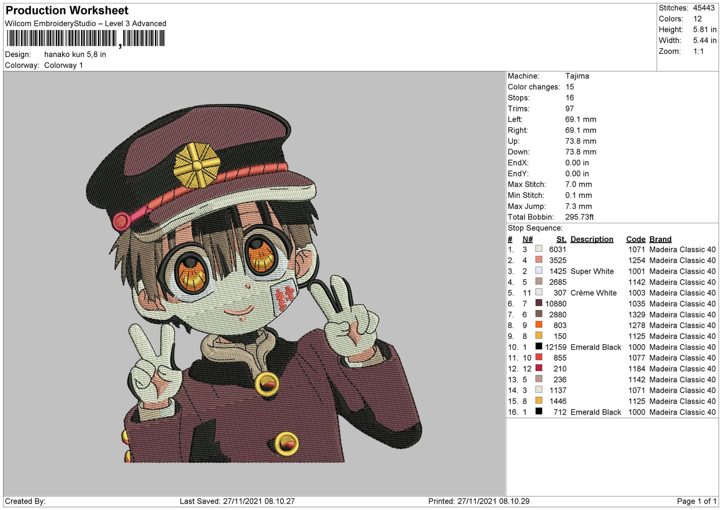 Hanako Kun Embroidery File 4 size