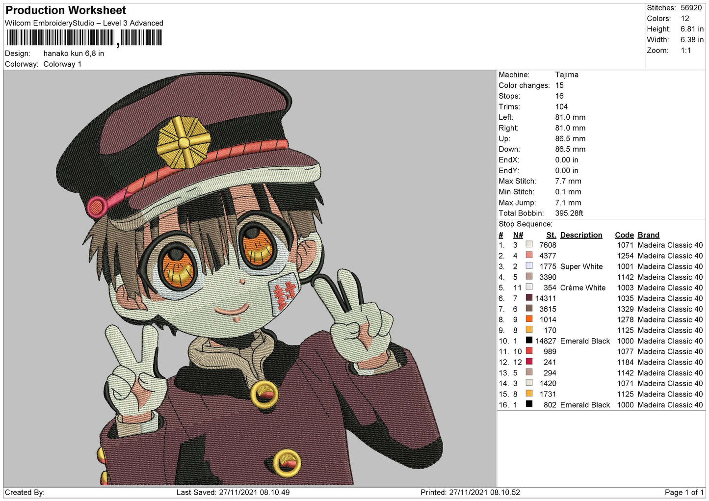 Hanako Kun Embroidery File 4 size