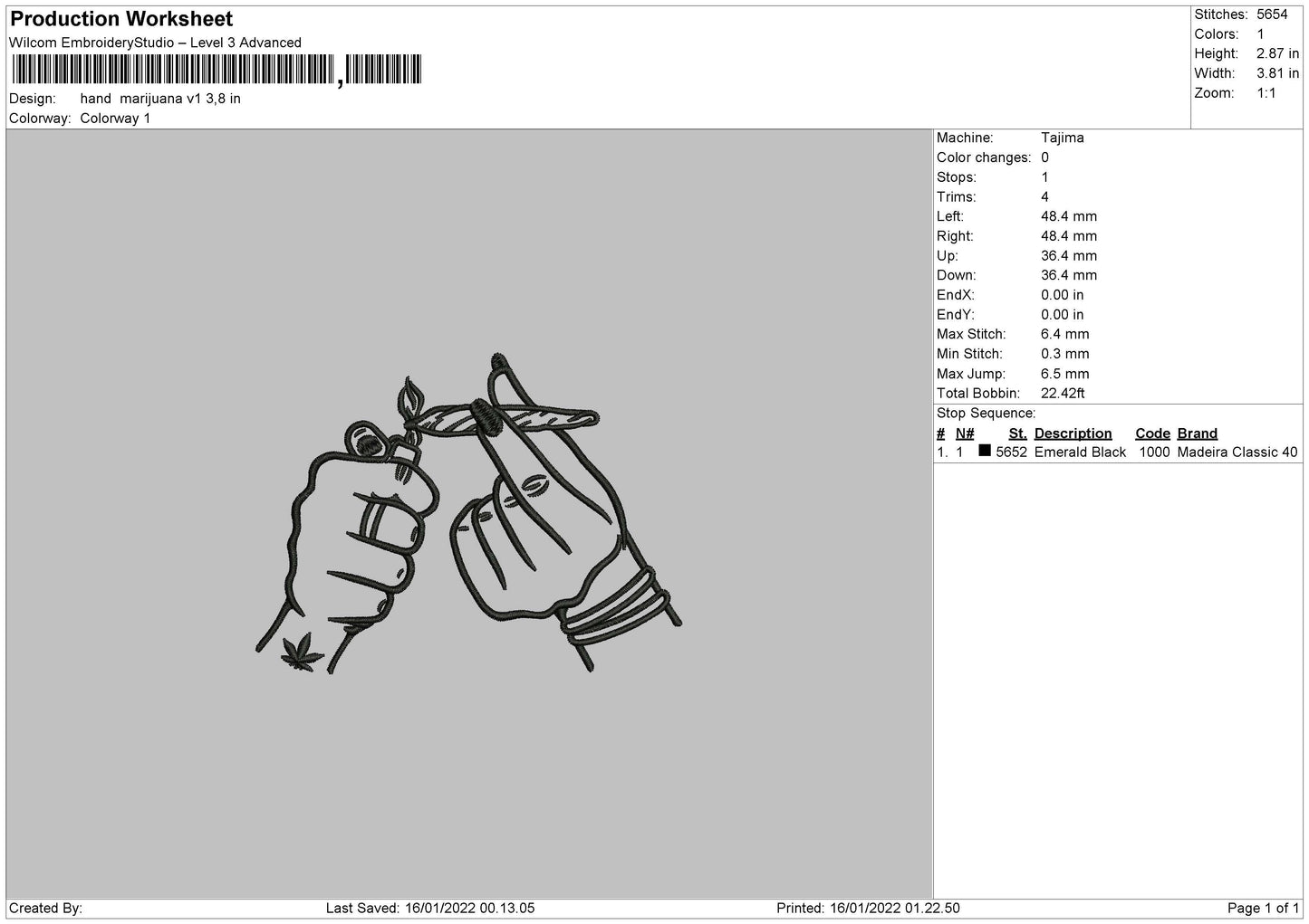 Hand Marijuana V1 Embroidery File 4 size