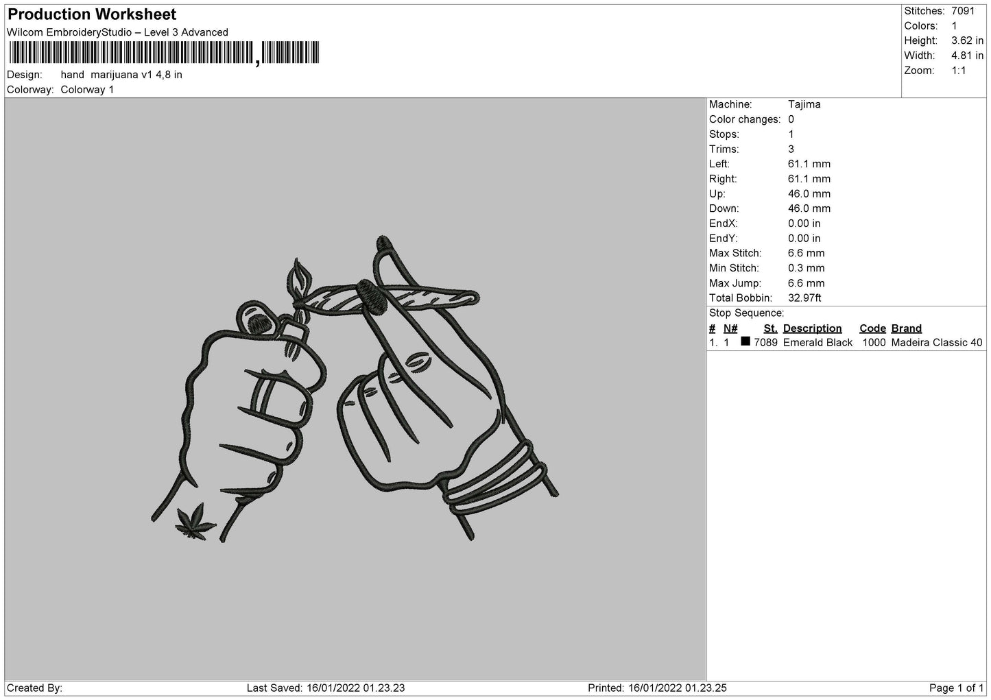 Hand Marijuana V1 Embroidery File 4 size