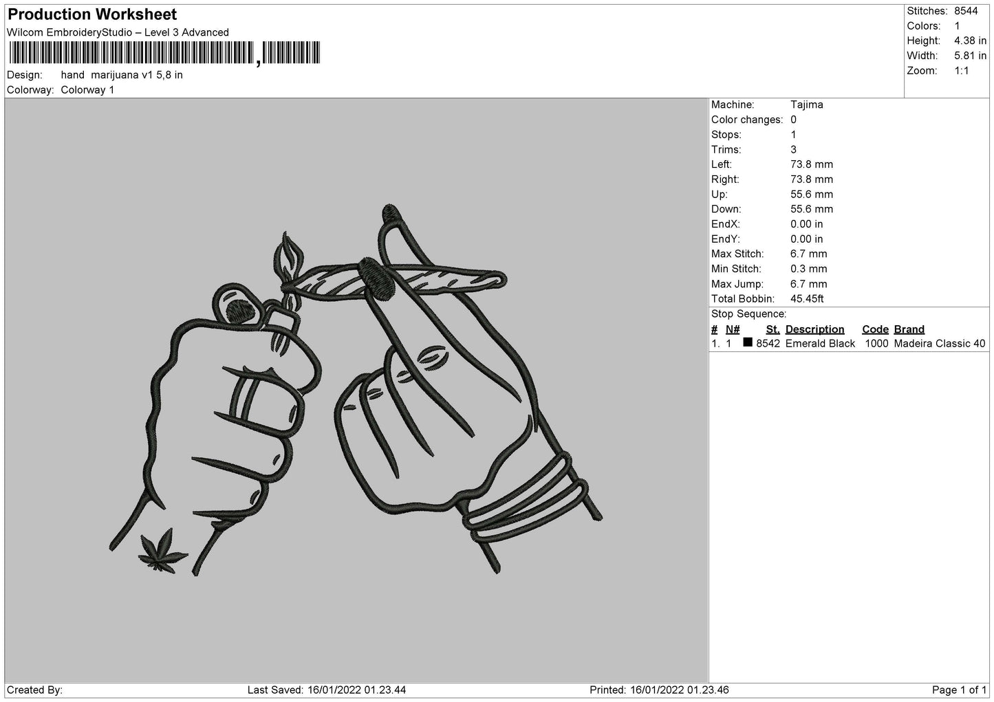 Hand Marijuana V1 Embroidery File 4 size