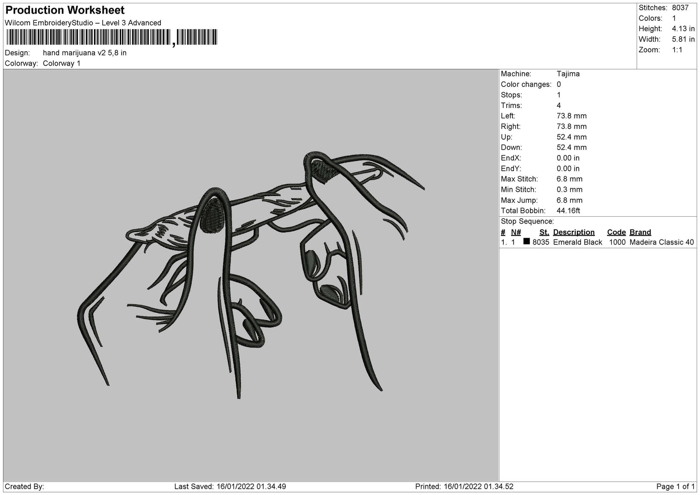Hand Marijuana V2 Embroidery File 4 size