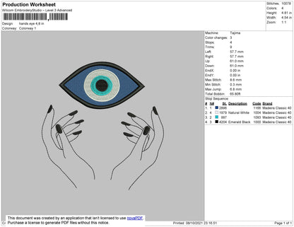 Hands Eye Embroidery File 4 Size