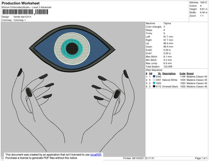 Hands Eye Embroidery File 4 Size