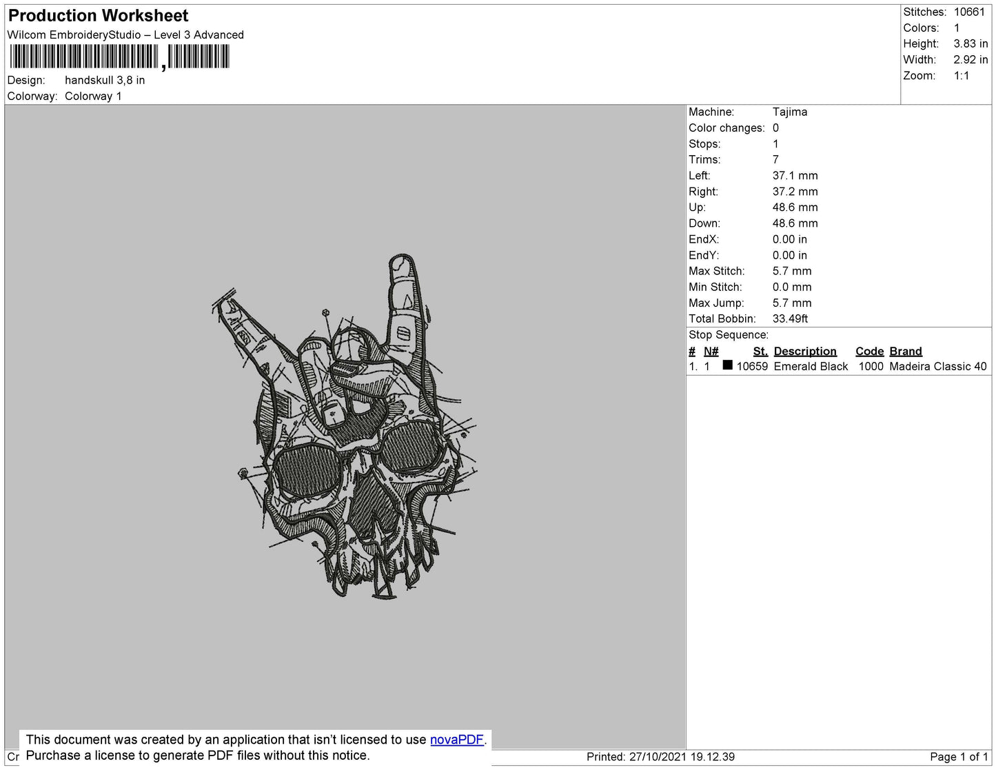 Handskull Embroidery File 4 size