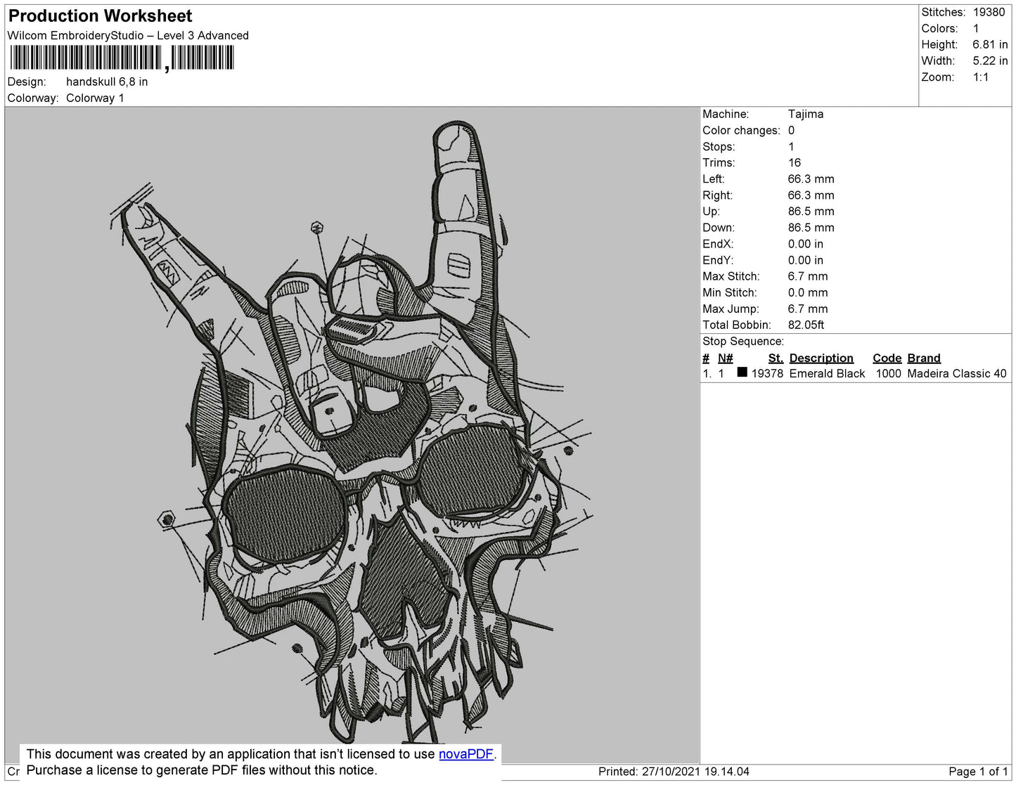 Handskull Embroidery File 4 size