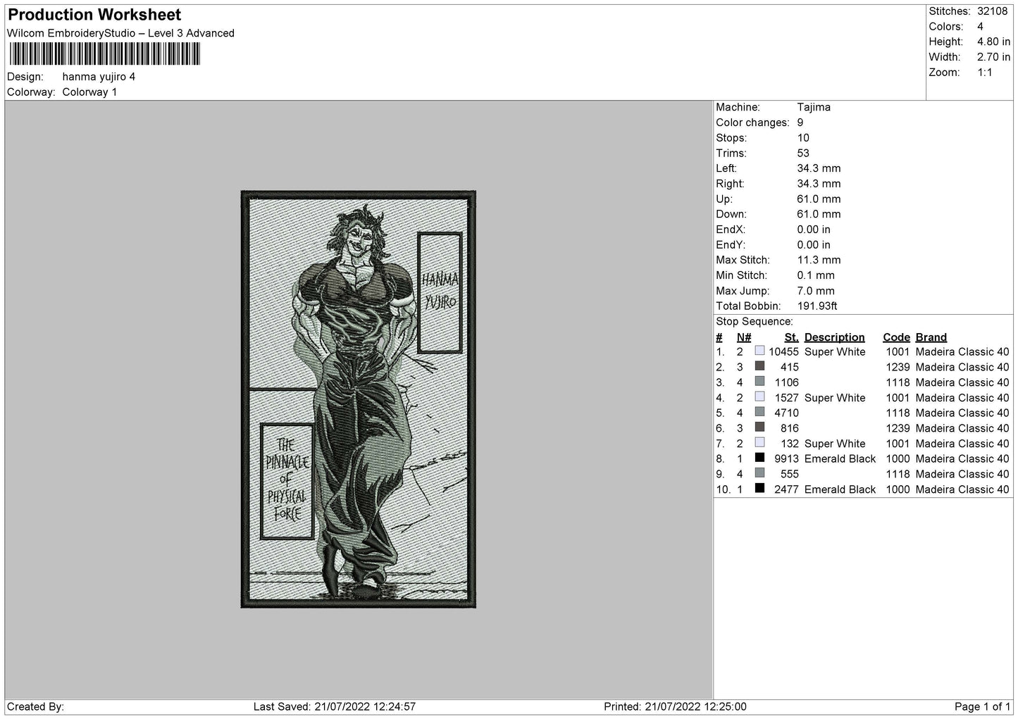 Hanma Yujiro Embroidery File 4 sizes