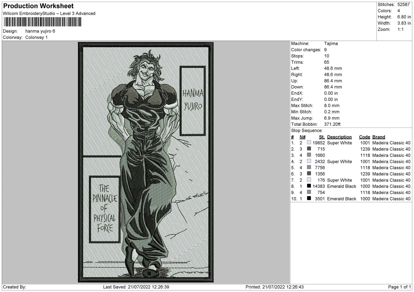 Hanma Yujiro Embroidery File 4 sizes