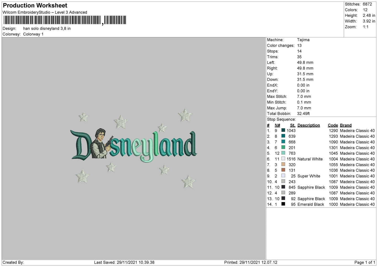 Han Solo Disneyland Embroidery File 6 Size