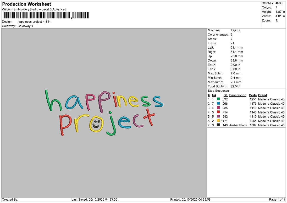 Happiness Text 1910 Embroidery Machine Design File 6 sizes