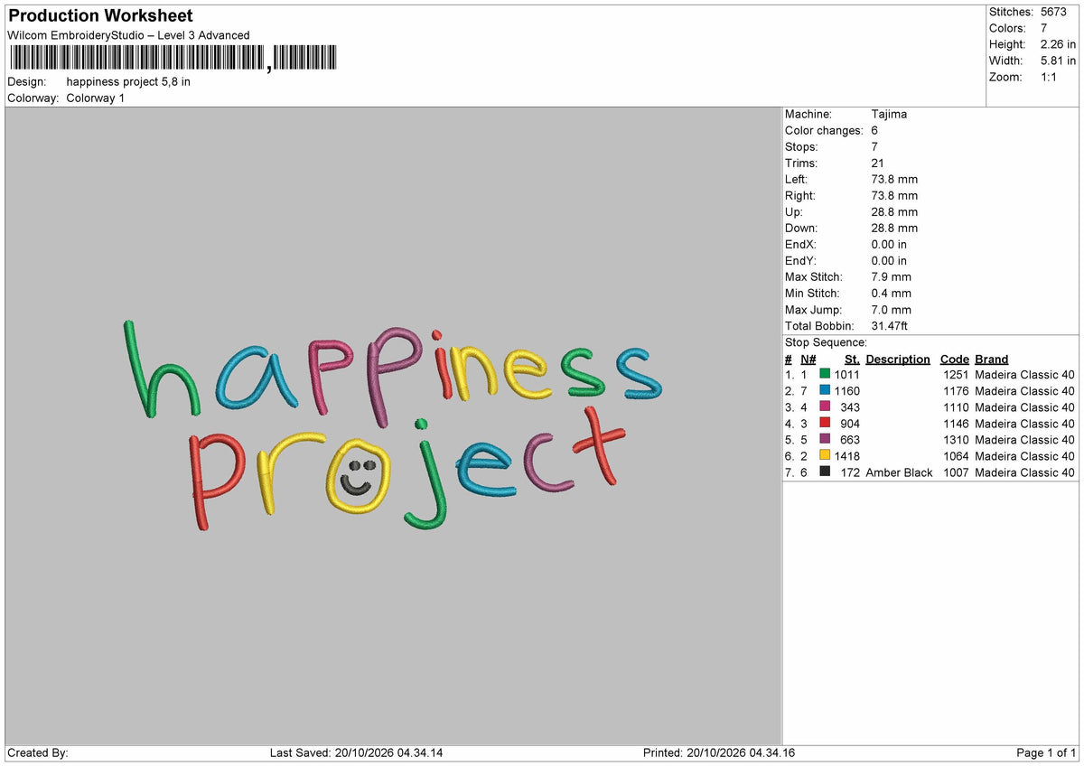 Happiness Text 1910 Embroidery Machine Design File 6 sizes