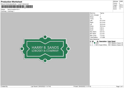 Harry B Sands Embroidery File 4 size
