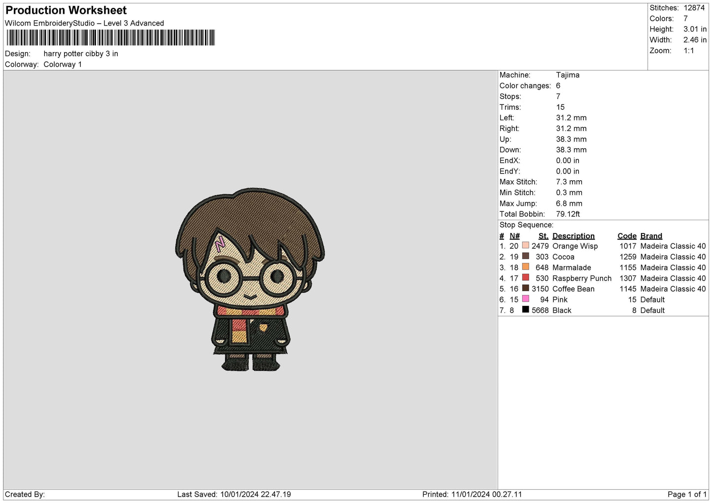 Potter Chibi Embroidery File 6 sizes