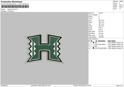 Hawaii Warriors Embroidery File 4 size