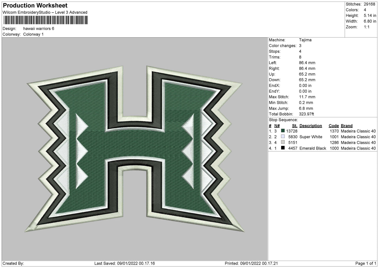 Hawaii Warriors Embroidery File 4 size