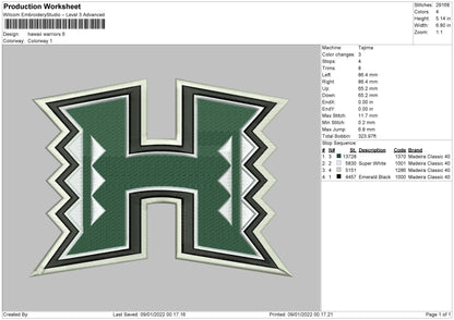 Hawaii Warriors Embroidery File 4 size