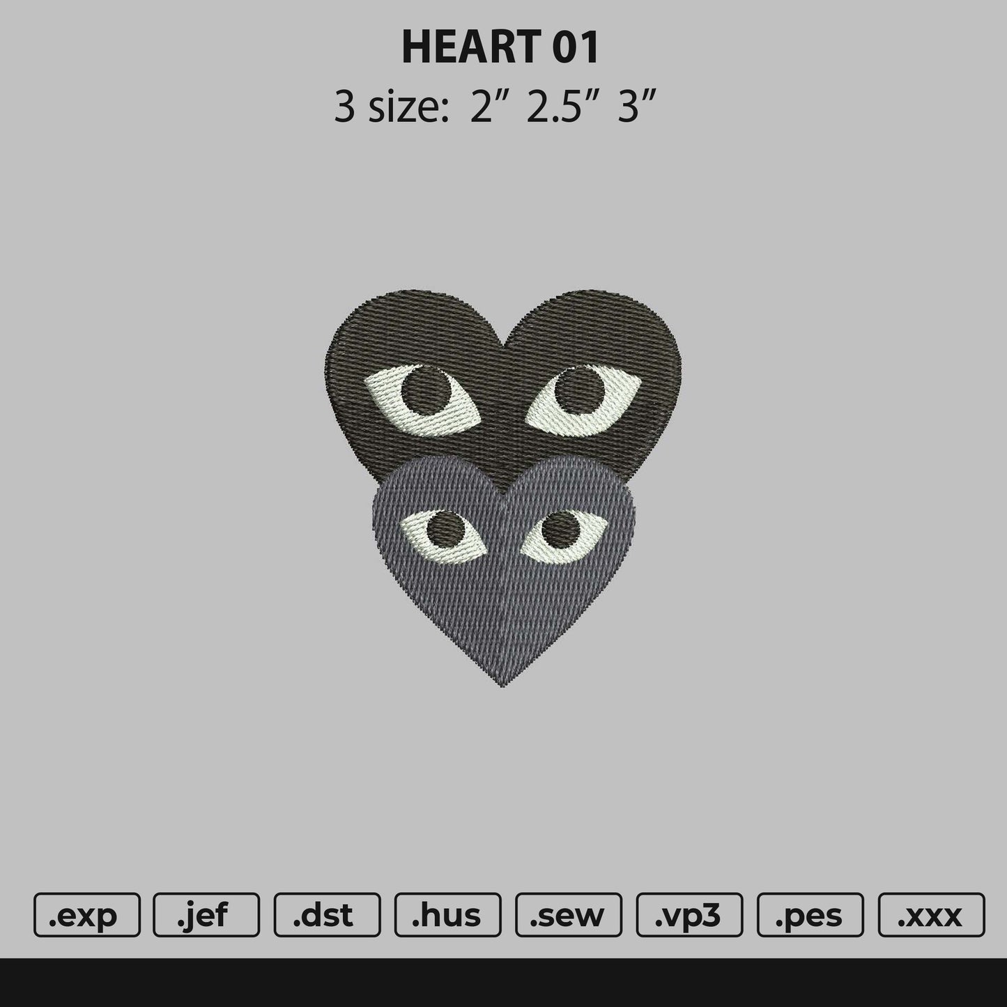 Heart Black Grey Embroidery File 3 size