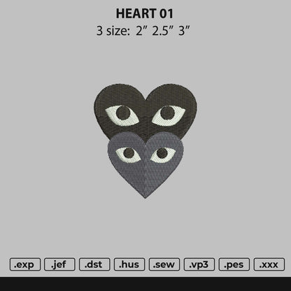 Heart Black Grey Embroidery File 3 size