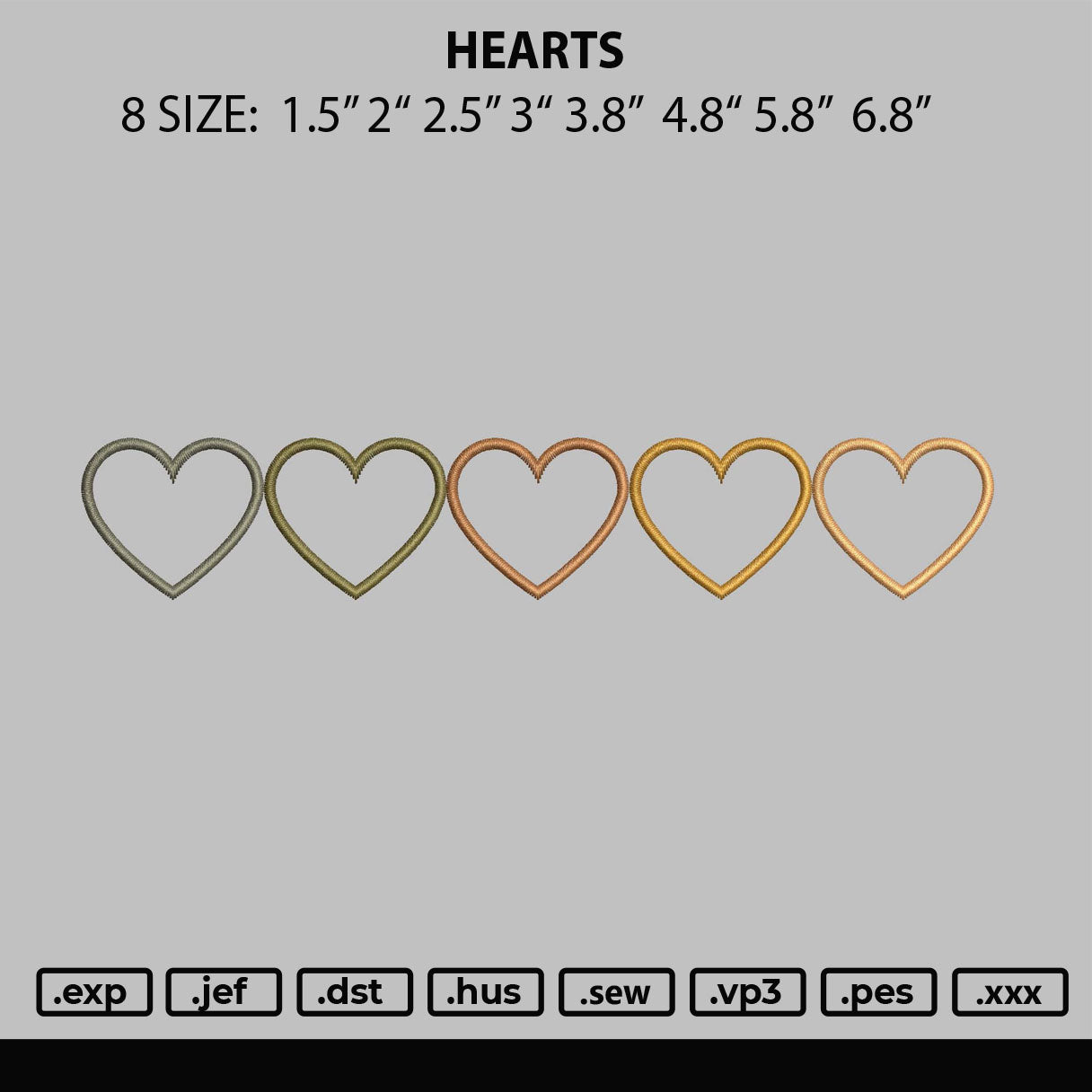 Hearts Embroidery File 8 Size