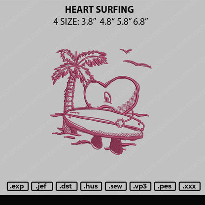 Heart Surfing Embroidery File 4 sizes